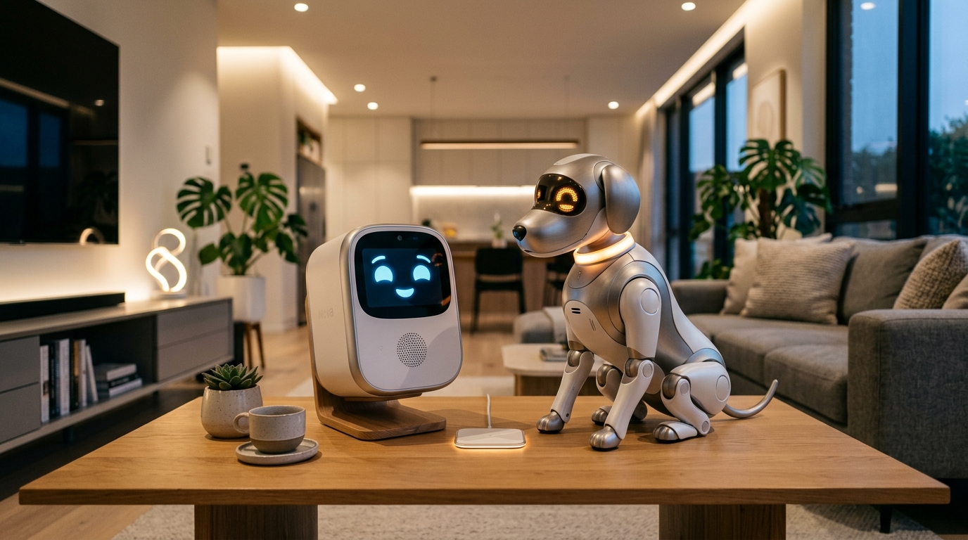 AI companion robots on modern living room desk