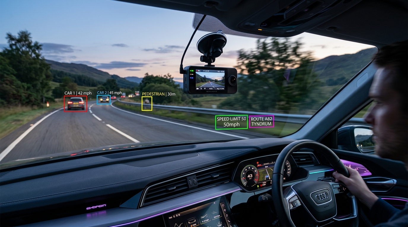AI smart dash cam mounted in modern car windshield driving on UK road