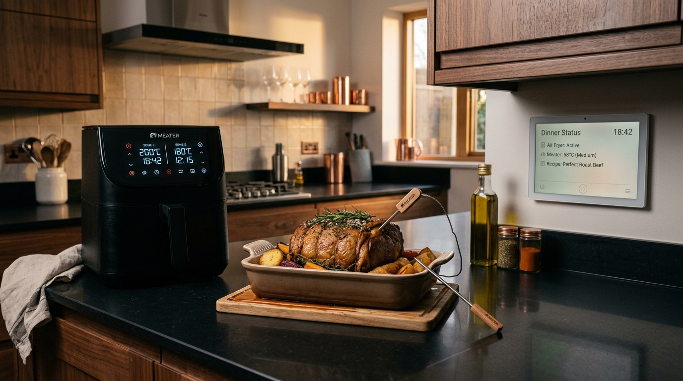 Modern UK smart kitchen with AI dual-zone air fryer, wireless smart meat thermometer, and digital recipe assistant on counter