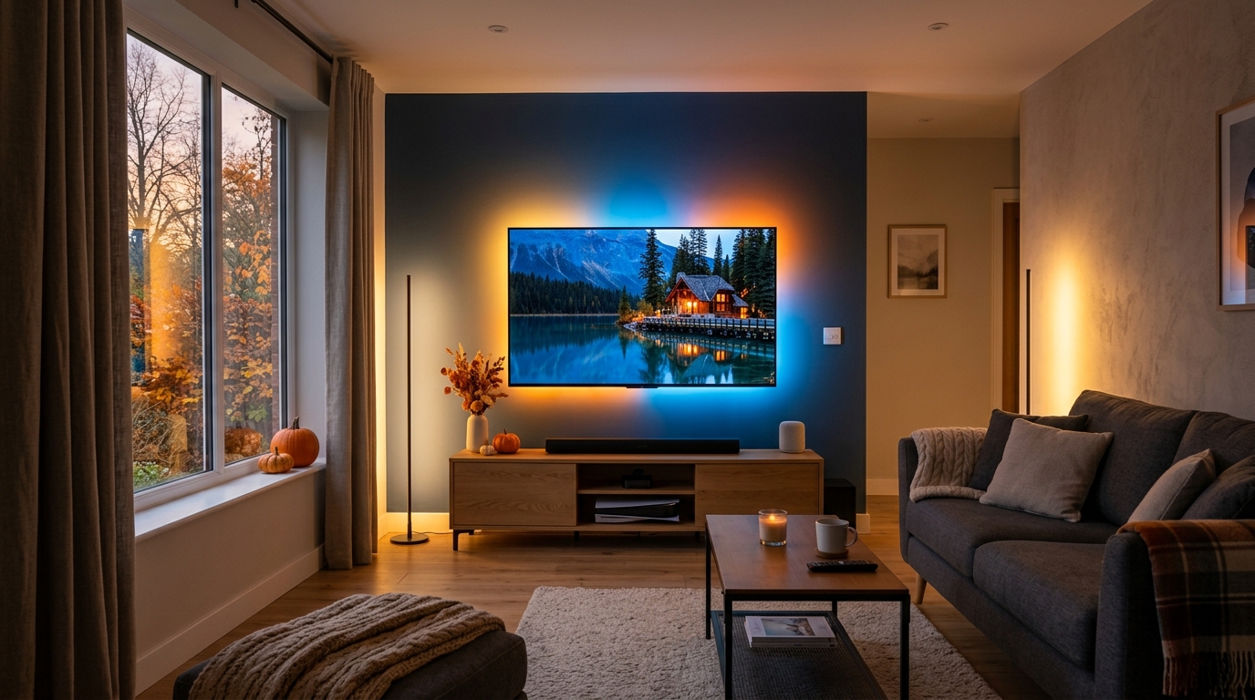 Modern UK living room with AI smart reactive lighting and ambient backlighting