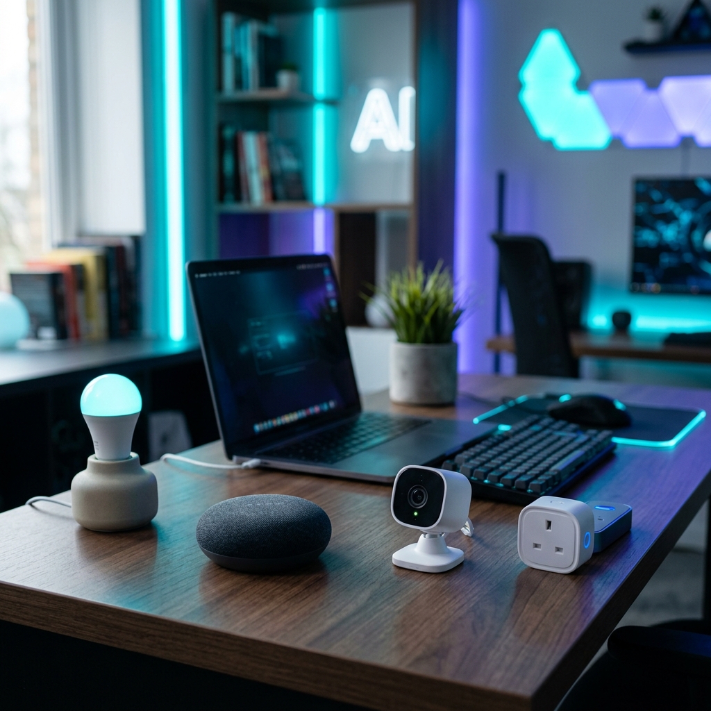 A variety of affordable AI gadgets on a modern desk setup