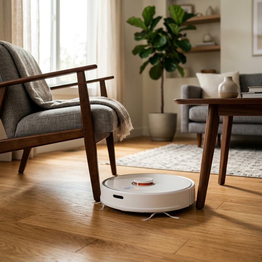 AI robot vacuum cleaner navigating a modern living room