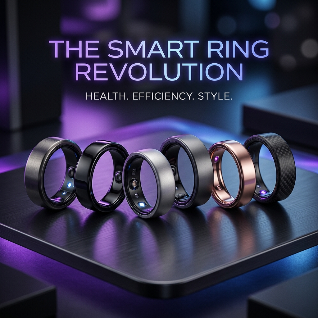 Collection of smart rings on a modern dark surface with atmospheric lighting