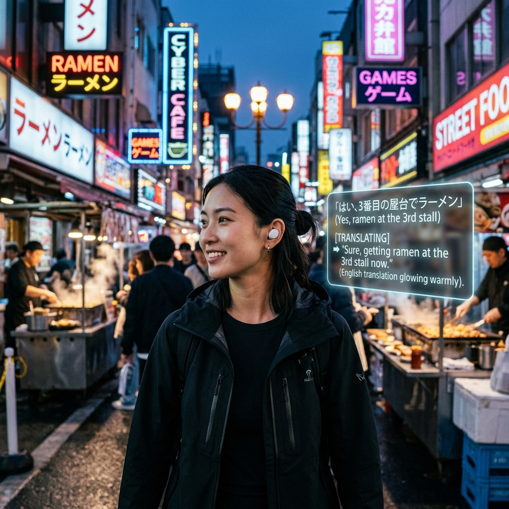 Person wearing AI translation earbuds in a vibrant overseas market
